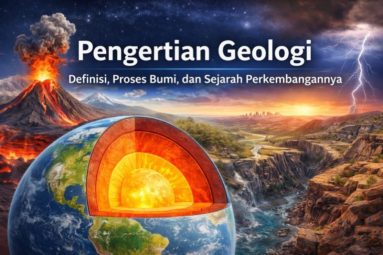 Ilustrasi geologi yang menampilkan lapisan Bumi, gunung berapi aktif, bentang alam, dan proses alam sebagai konsep dasar pengertian geologi